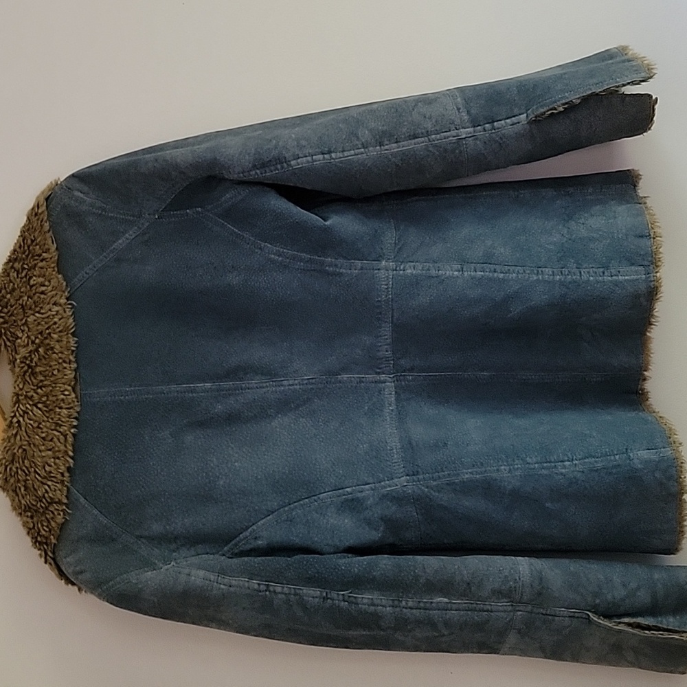Guess Y2K Denim Effect Blue Leather Suede Penny Lane Jacket Faux Fur Trim M Firm - Picture 9 of 10